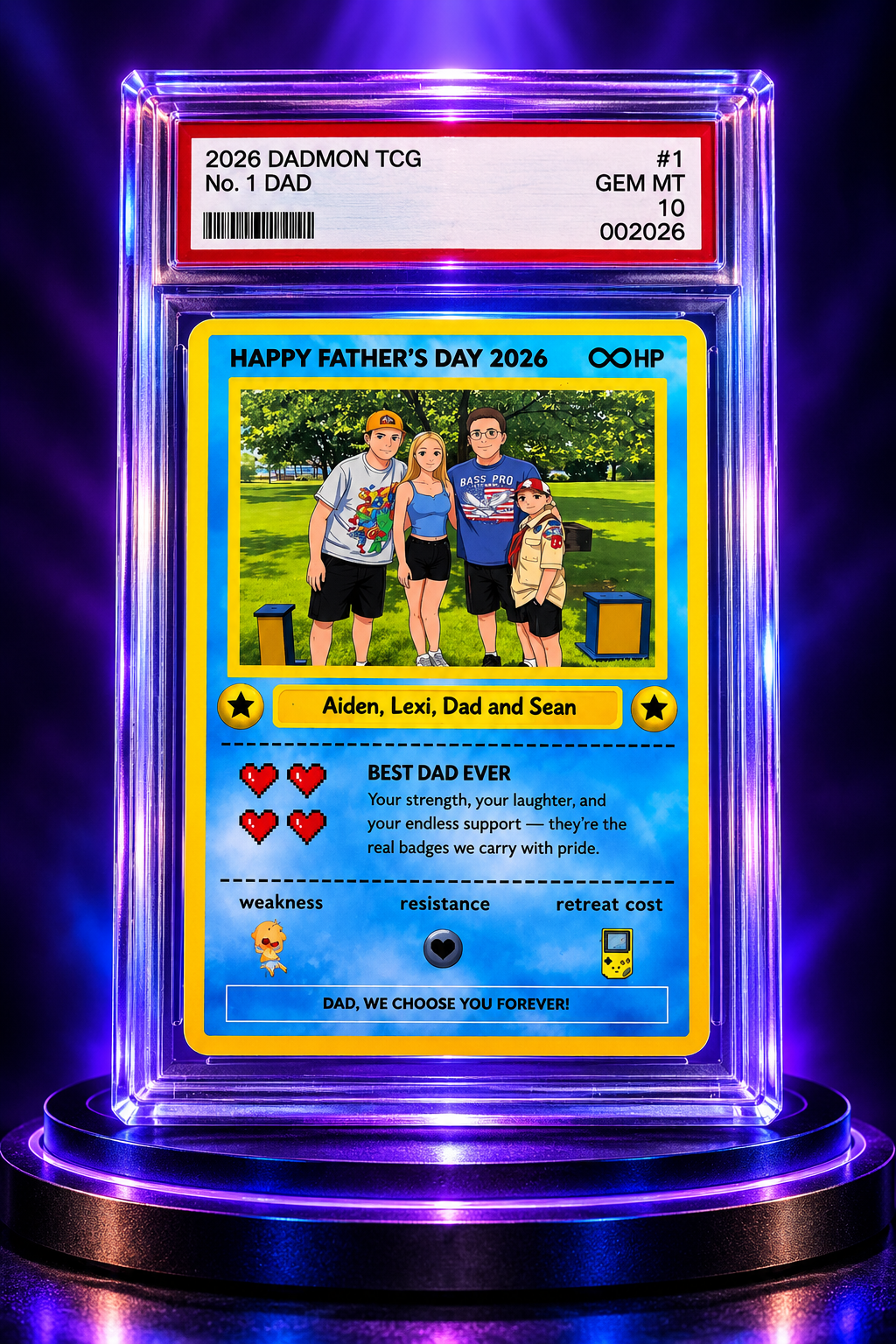 Father's Day 2026 collector card in a purple-lit display case, featuring Aiden, Lexi, Dad and Sean
